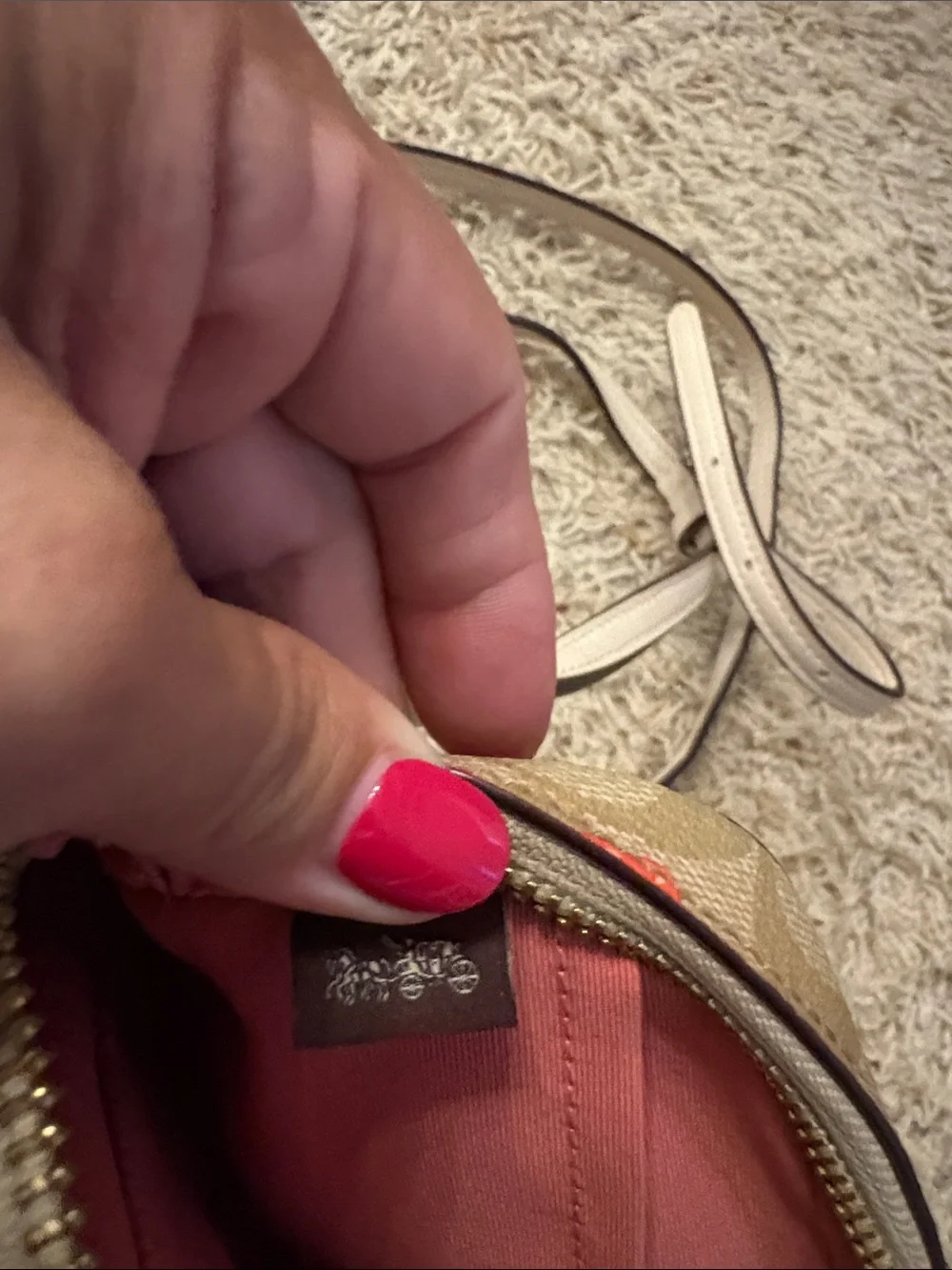 Coach Khaki Signature Strawberry Crossbody in Khaki/Red